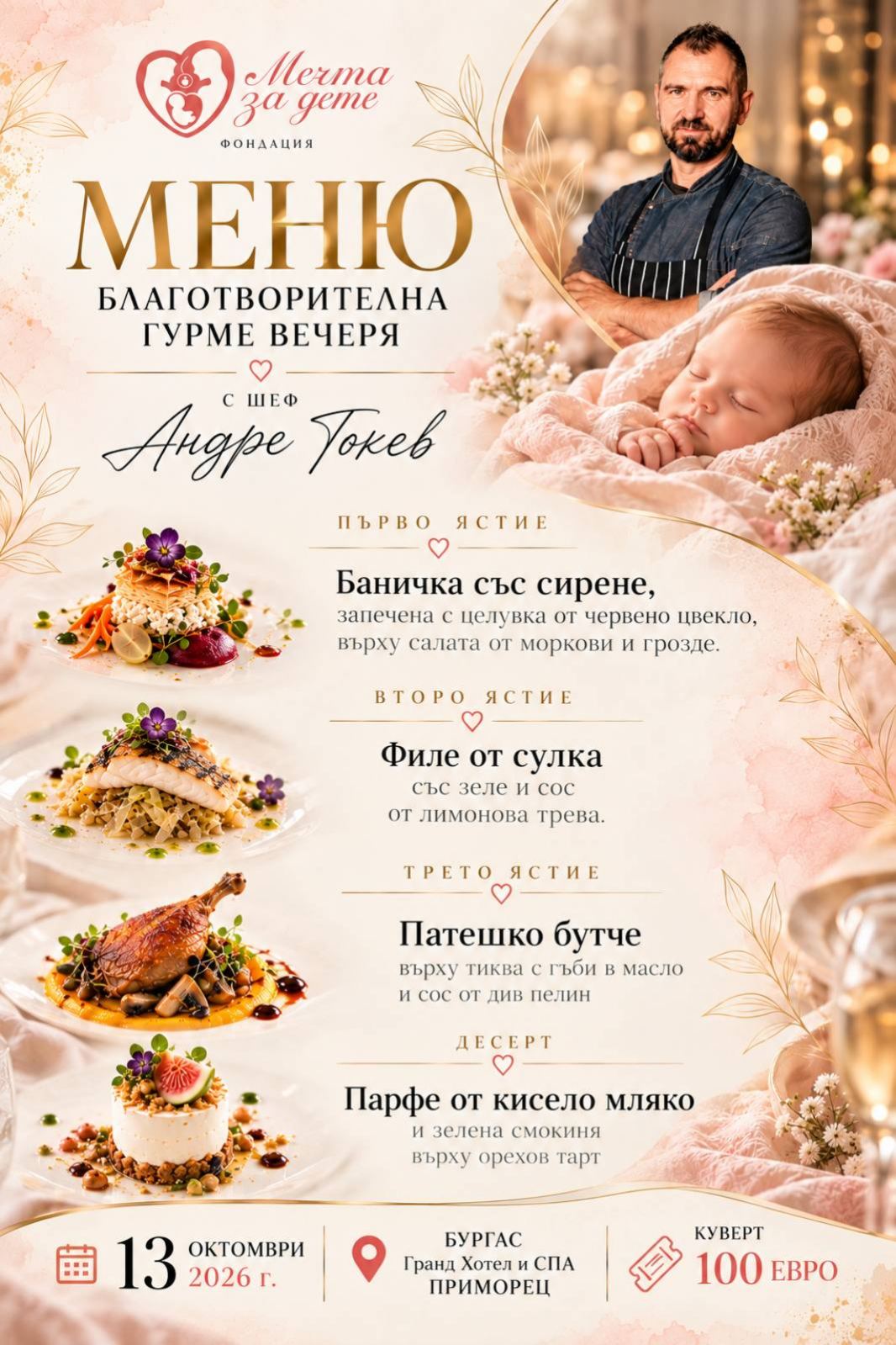 Благотворителна гурме вечеря с шеф Андре Токев в подкрепа на семейства от Бургас